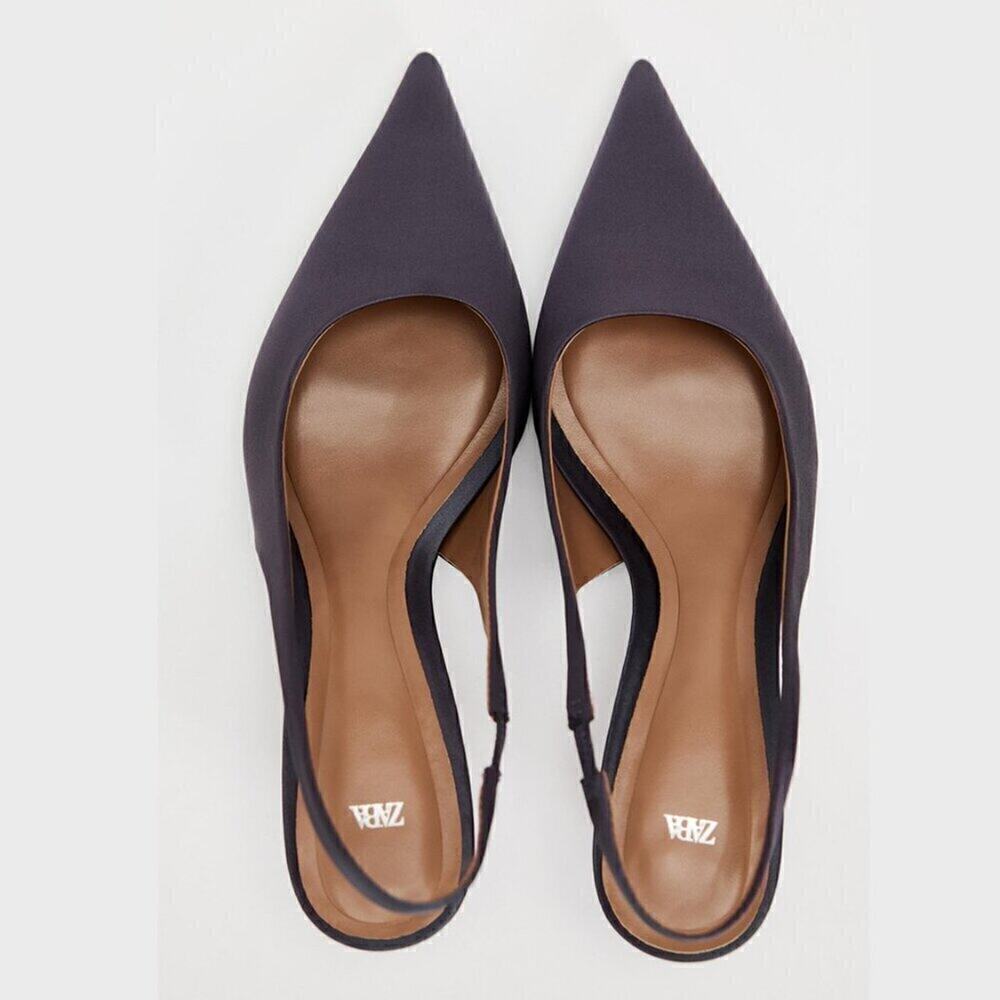 Zara Anthracite Grey Kitten Heel Slingback Pumps Pointed Toe Chic Size 7.5 NWT - Picture 16 of 16
